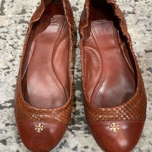 Used Tory Burch Brown Leather Loafers with Brogue Detailing
